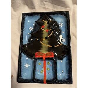 Christmas Tree Dolomite Chip & Dip Veg Plate Holiday Serving Platter Porcelain